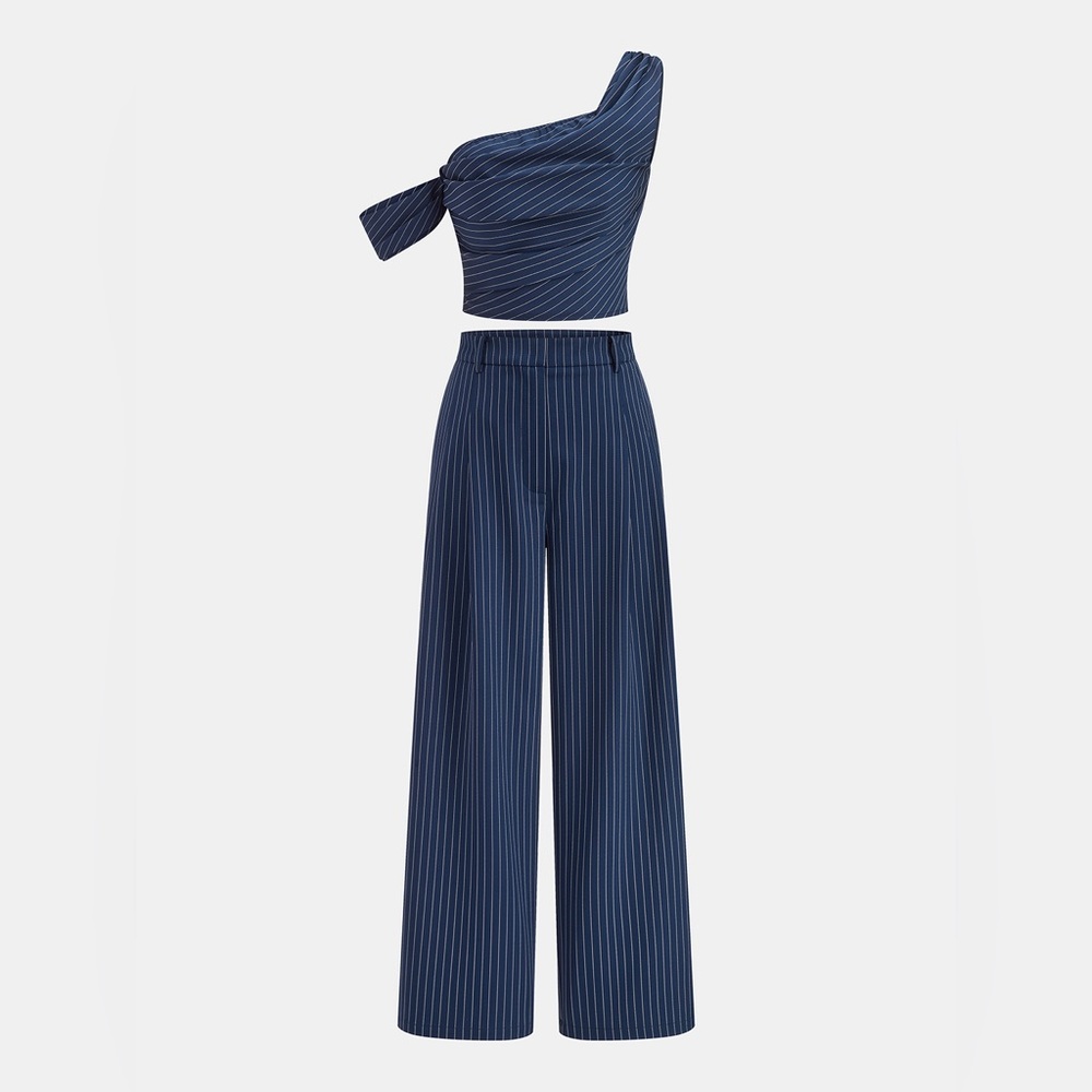 Commense Navy Pinstripe One-Shoulder Crop Top with Wide-Leg Pants